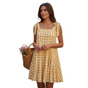 O.P.T Yellow Gingham Tie Strap Flowy Mini Dress Size S NWT